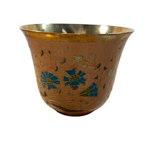 Vintage Brass and Enamel Ornamental Decorative Floral Print Planter Pot